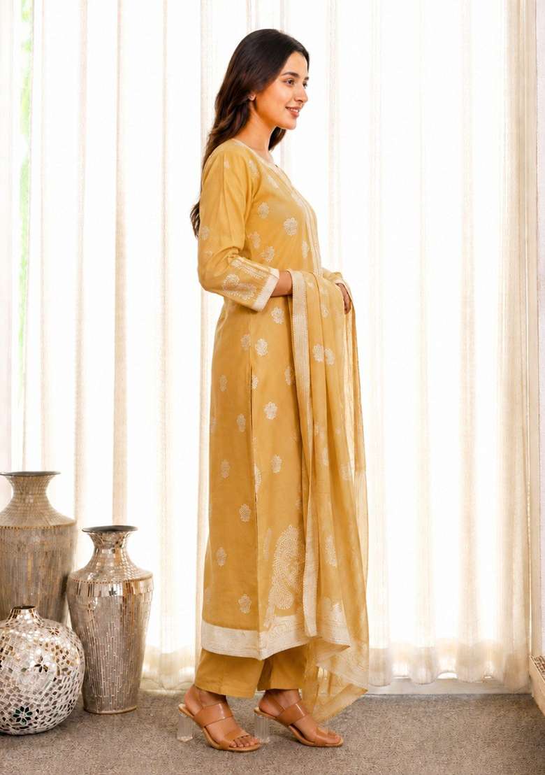 Light Yellow Printed Cotton Kurta Set - Indya