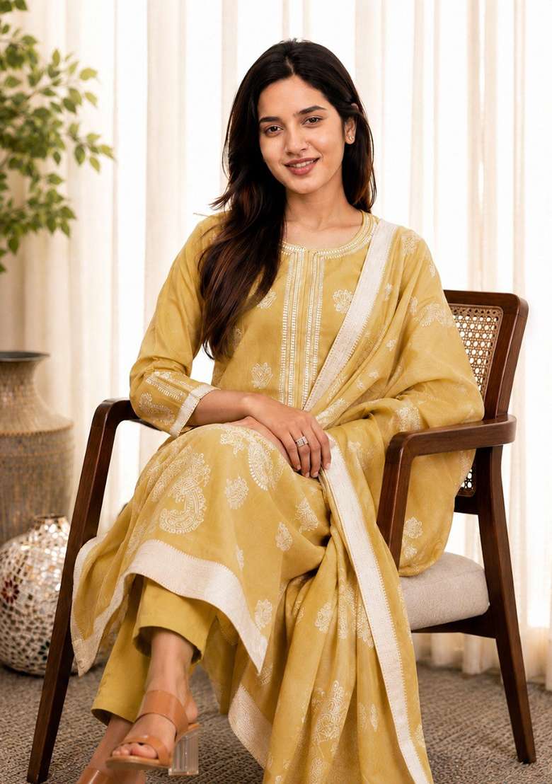 Light Yellow Printed Cotton Kurta Set - Indya