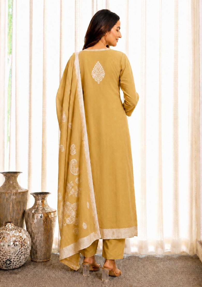 Light Yellow Printed Cotton Kurta Set - Indya