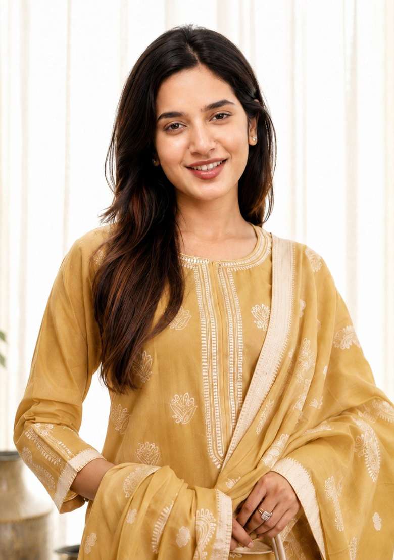 Light Yellow Printed Cotton Kurta Set - Indya