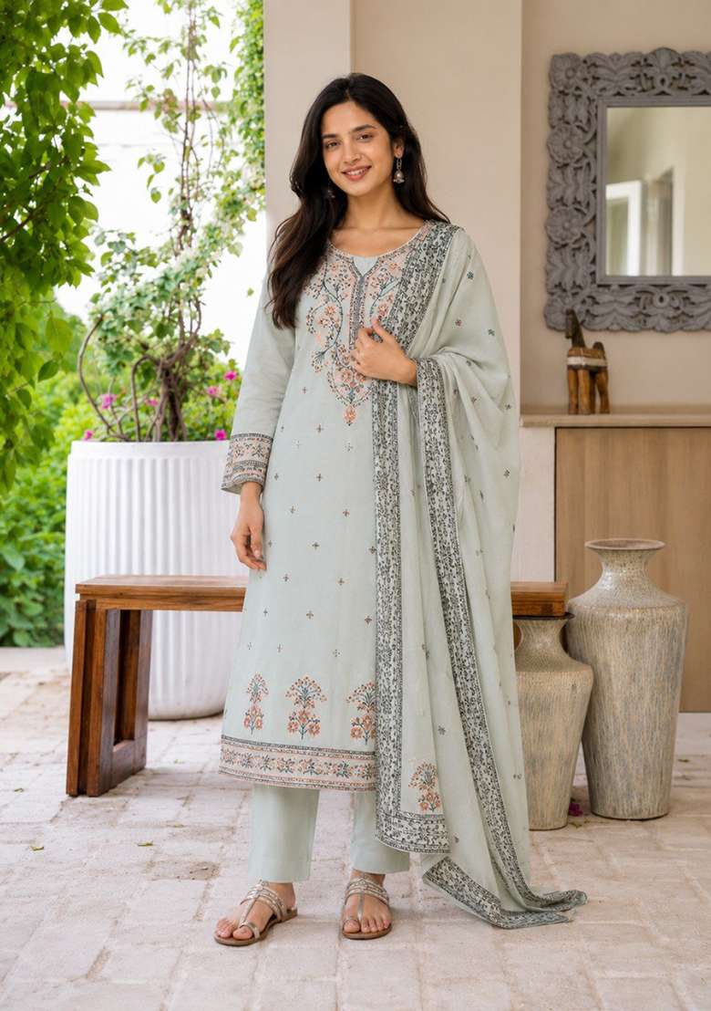 Grey Printed Cotton Kurta Set - Indya