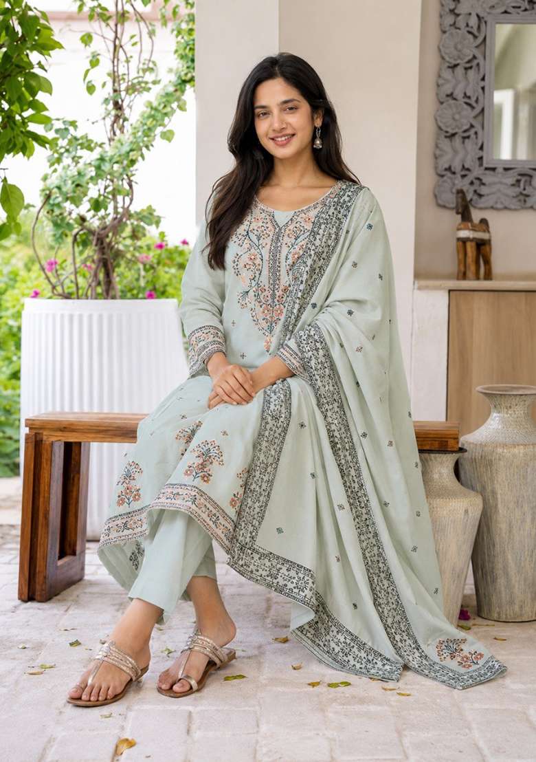 Grey Printed Cotton Kurta Set - Indya