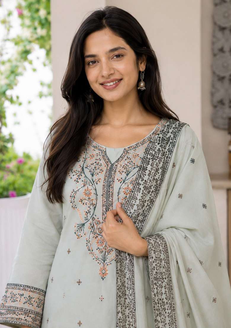 Grey Printed Cotton Kurta Set - Indya