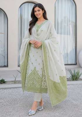 Olive Green Printed Cotton Kurta Set