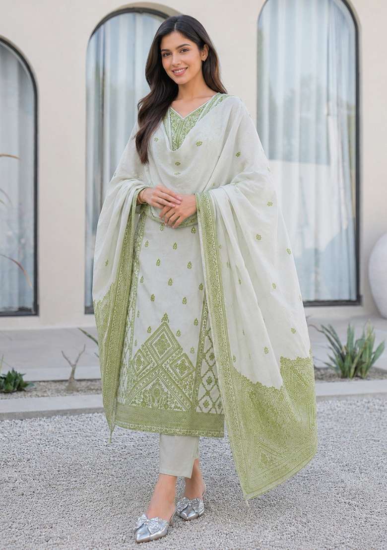 Olive Green Printed Cotton Kurta Set - Indya