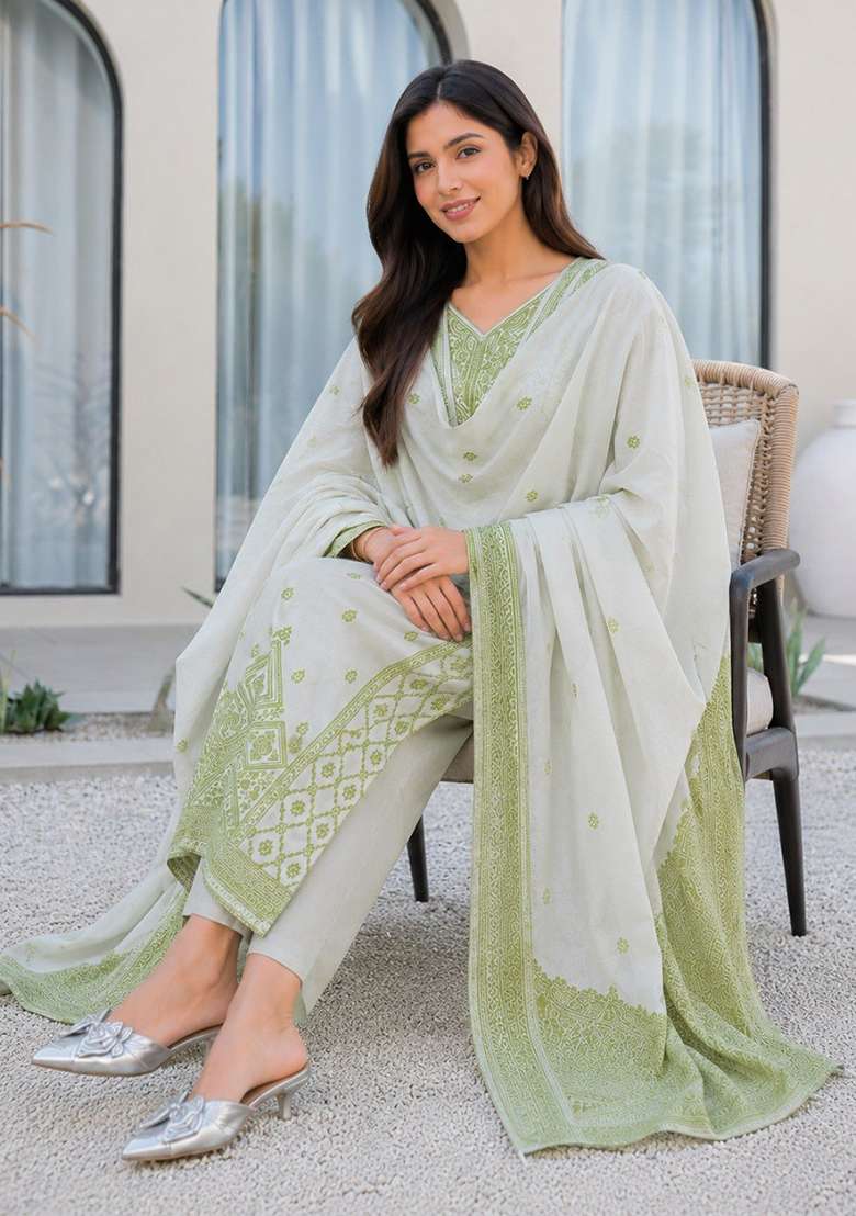 Olive Green Printed Cotton Kurta Set - Indya