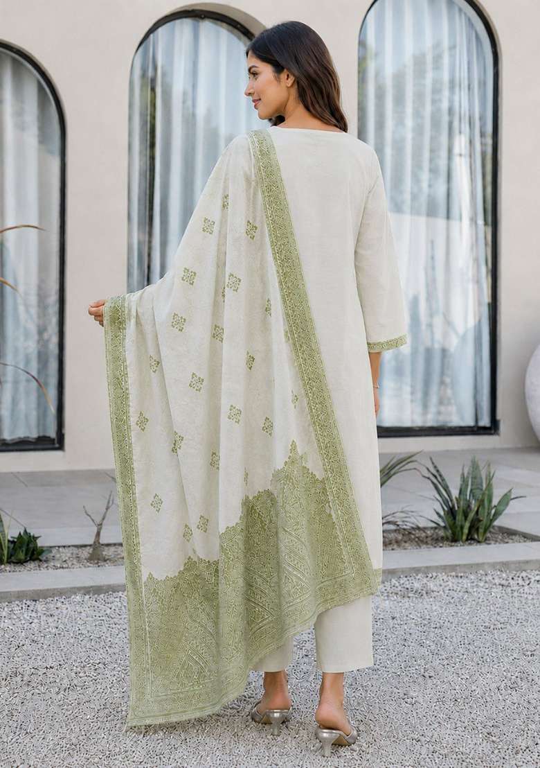 Olive Green Printed Cotton Kurta Set - Indya