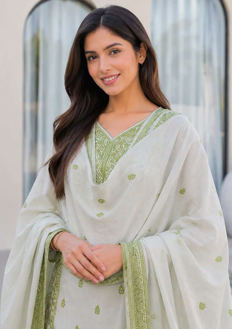 Olive Green Printed Cotton Kurta Set - Indya