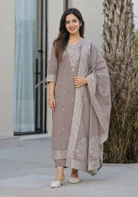 Light Brown Printed Cotton Kurta Set