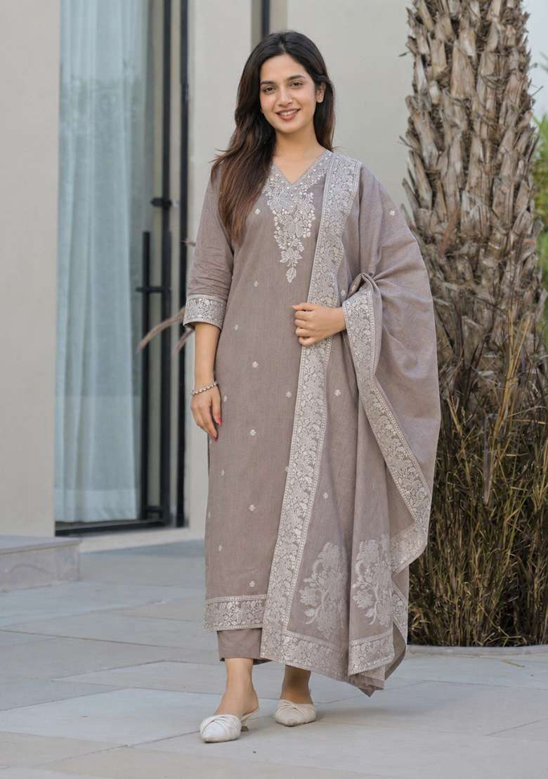 Light Brown Printed Cotton Kurta Set - Indya