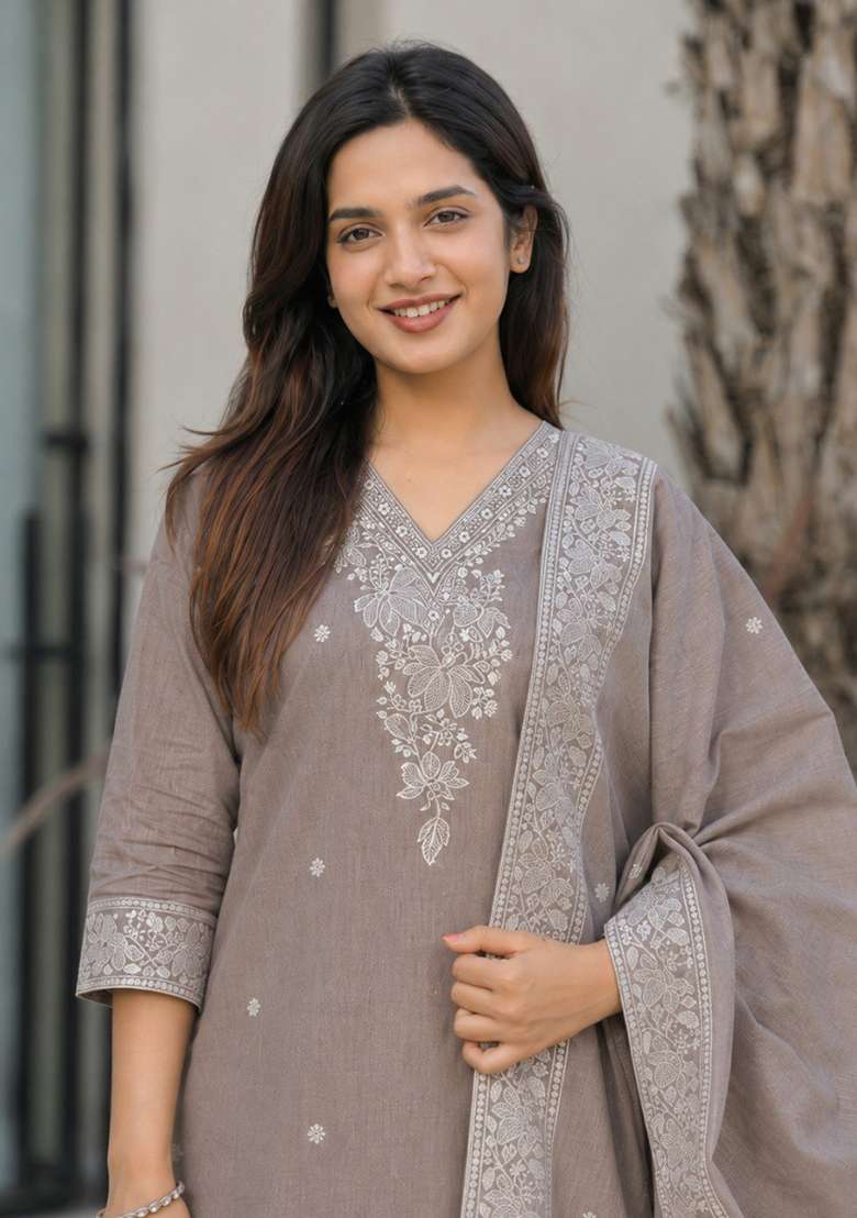 Light Brown Printed Cotton Kurta Set - Indya