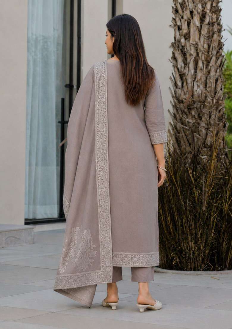 Light Brown Printed Cotton Kurta Set - Indya