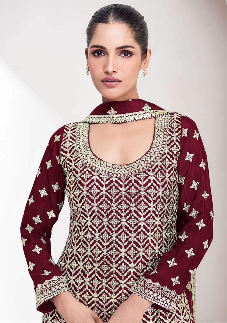 Rose Gold Embroidery Silk Kurta Set - Indya