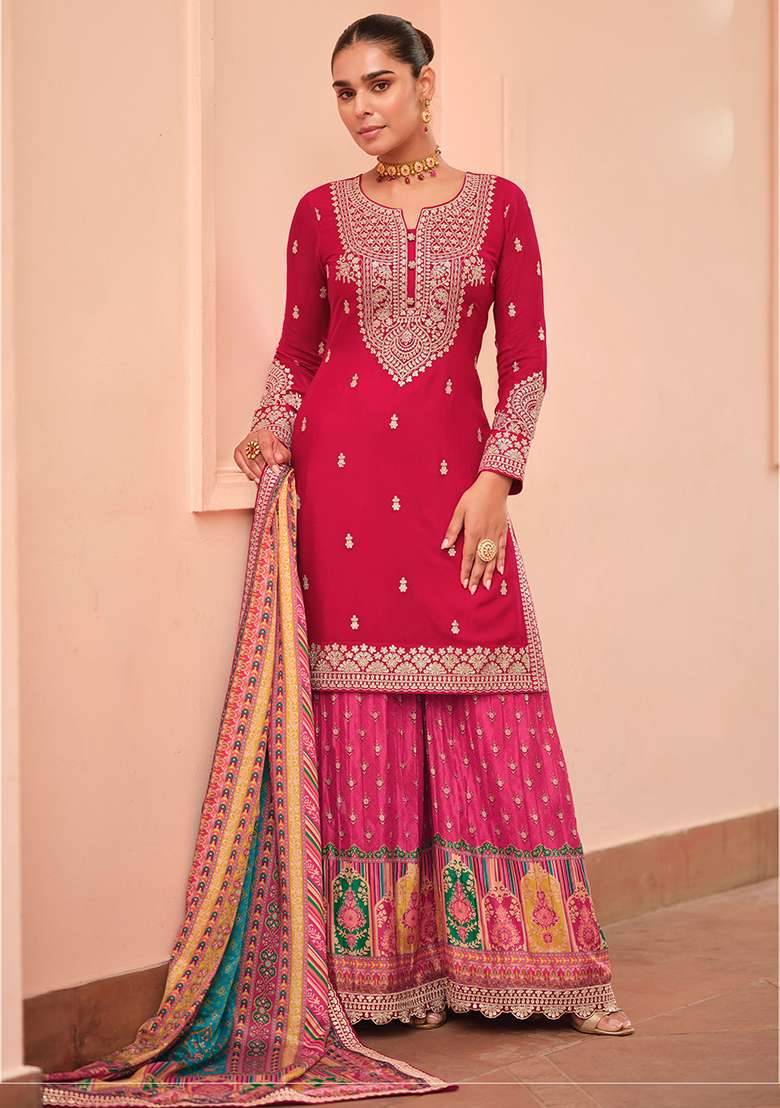 Maroon Embroidery Silk Kurta Set - Indya