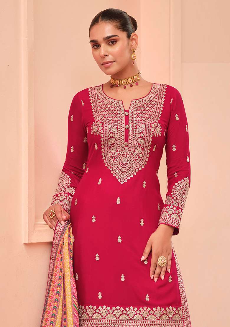 Maroon Embroidery Silk Kurta Set - Indya