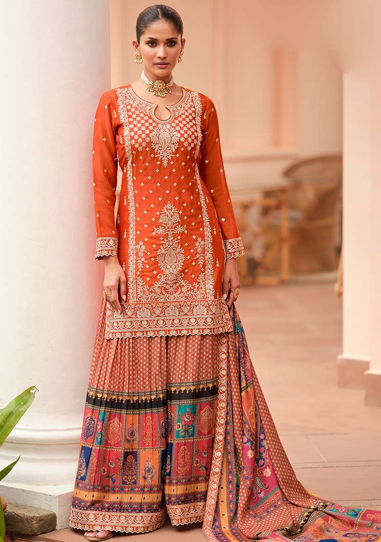 Mustard Embroidery Silk Kurta Set - Indya