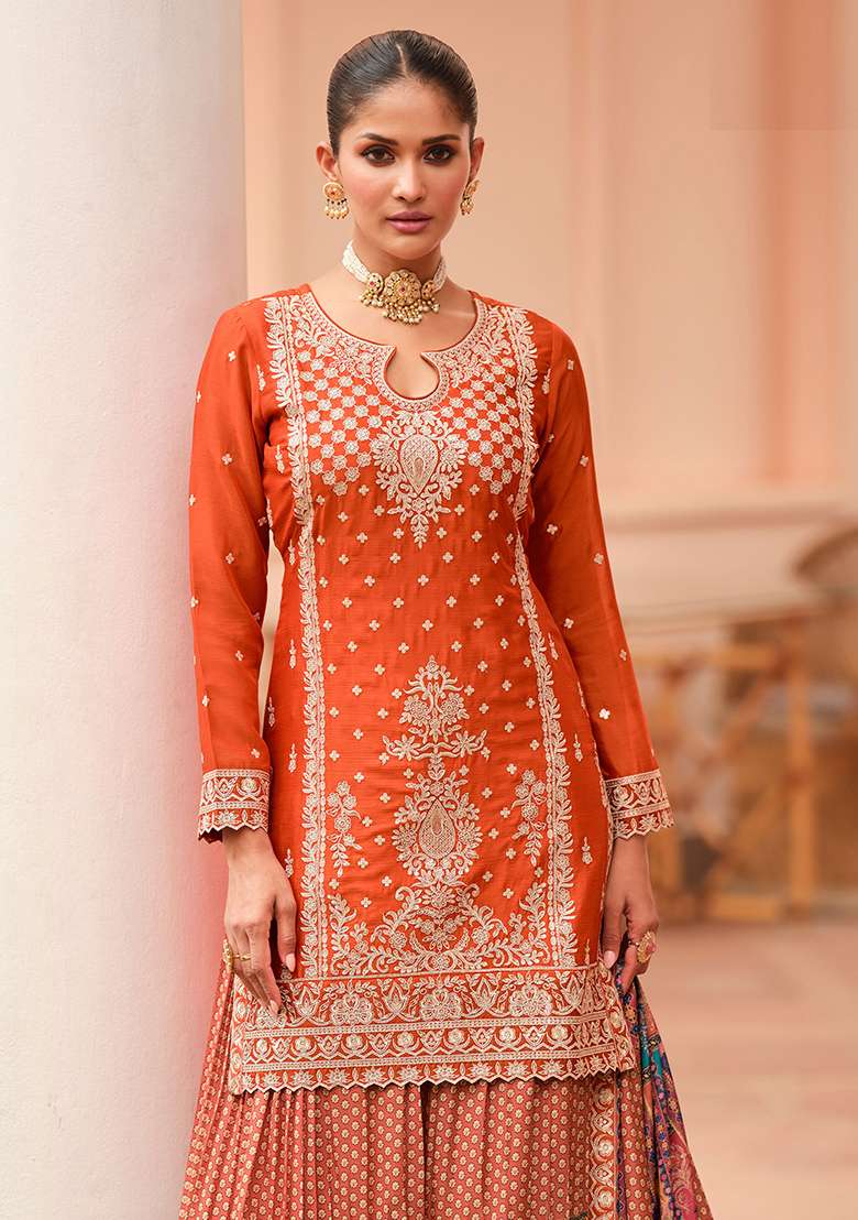 Mustard Embroidery Silk Kurta Set - Indya