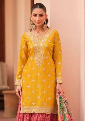 Rani Pink Embroidery Silk Kurta Set