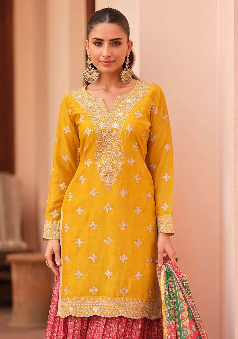 Rani Pink Embroidery Silk Kurta Set - Indya