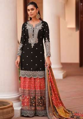 Orange Embroidery Silk Kurta Set