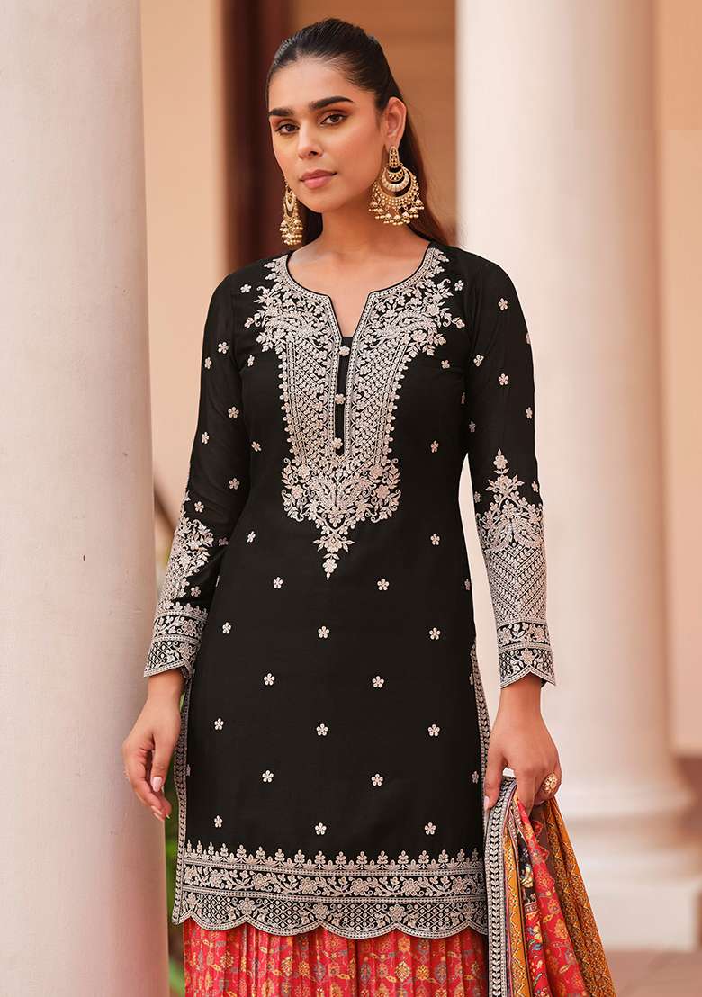 Orange Embroidery Silk Kurta Set - Indya