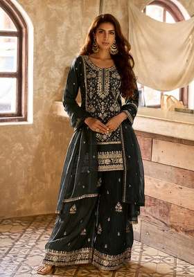 Turquoise Blue Embroidery Viscose Kurta Set