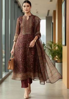 Maroon Printed Silk Kurta Set