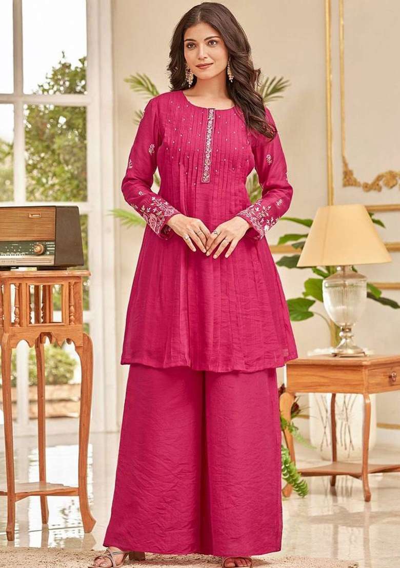 Pink Embroidery Cotton Kurta Set - Indya