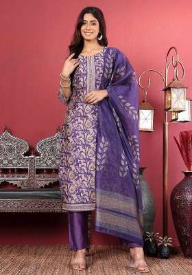 Purple Printed Silk Kurta Set
