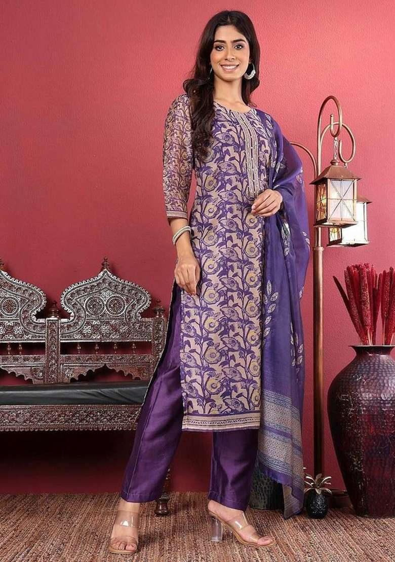 Purple Printed Silk Kurta Set - Indya