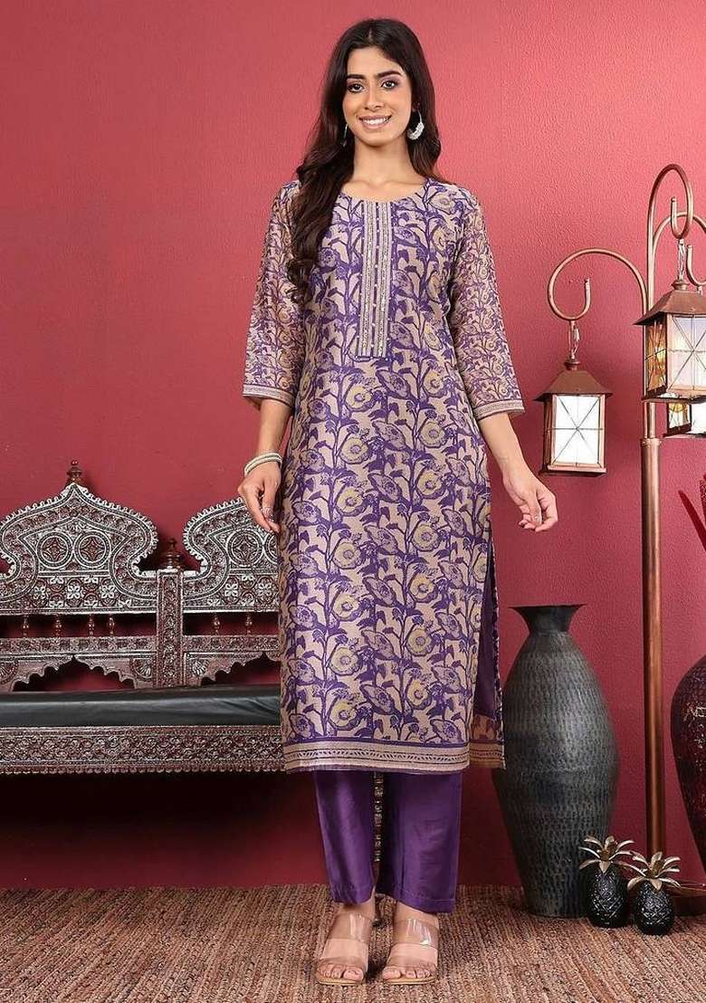 Purple Printed Silk Kurta Set - Indya