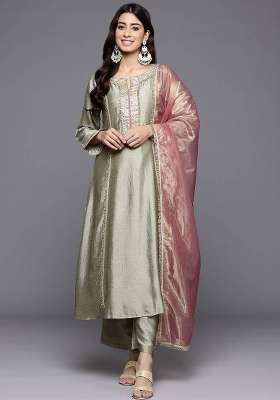 Green Embroidery Silk Kurta Set