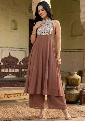 Camel Brown Embroidery Georgette Kurta Set