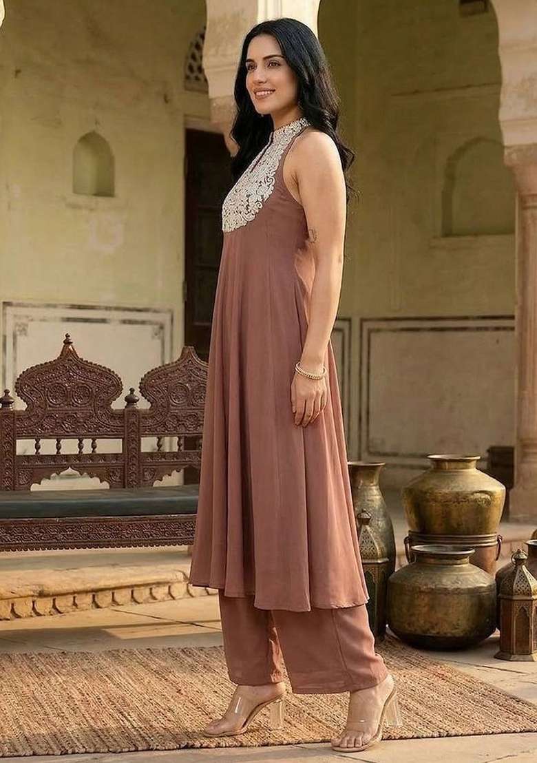 Camel Brown Embroidery Georgette Kurta Set - Indya
