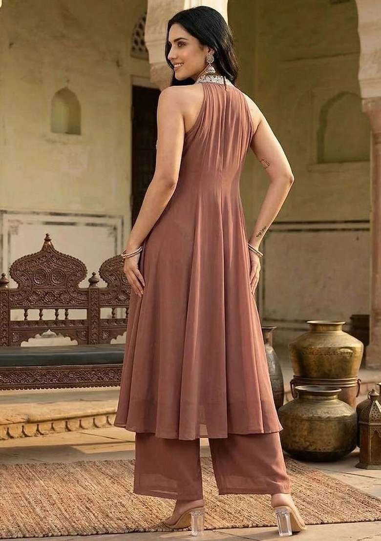 Camel Brown Embroidery Georgette Kurta Set - Indya