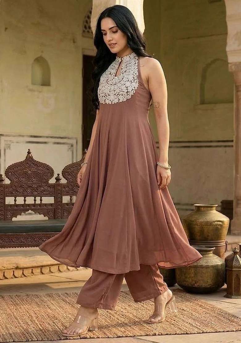 Camel Brown Embroidery Georgette Kurta Set - Indya