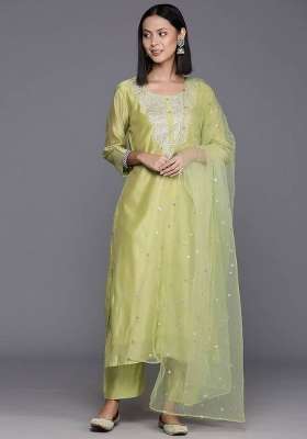 Green Embroidery Silk Kurta Set