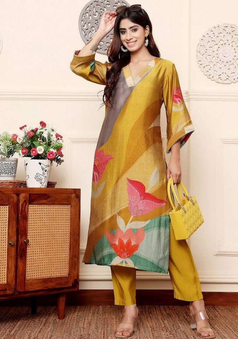 Mustard Printed Silk Kurta Set - Indya