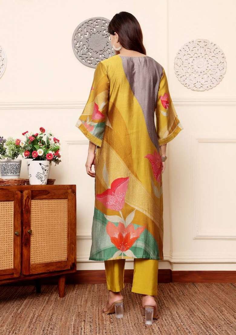 Mustard Printed Silk Kurta Set - Indya