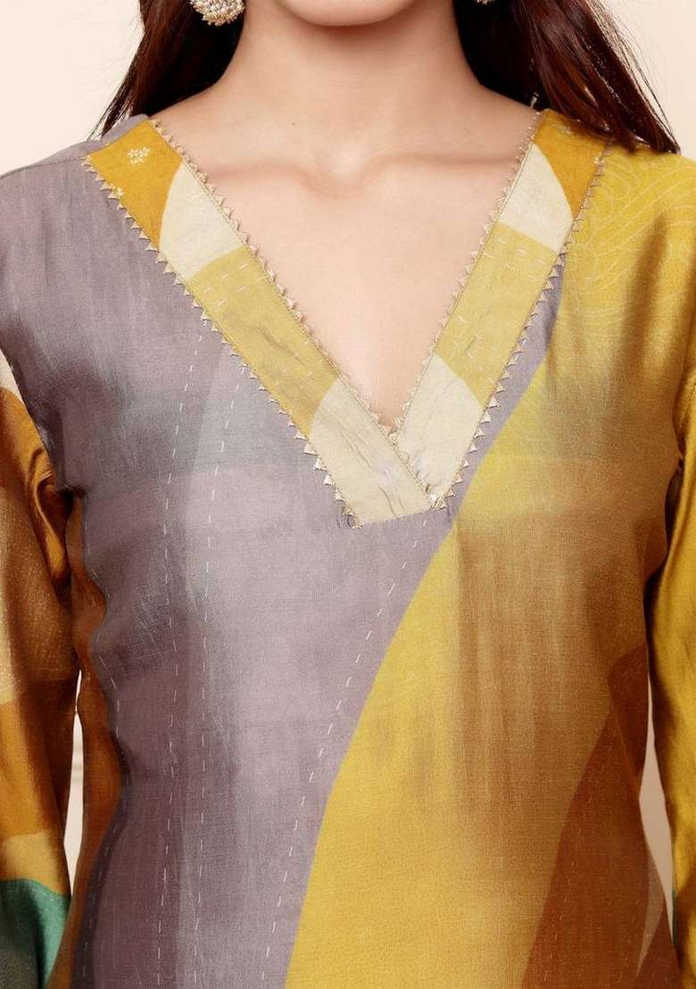 Mustard Printed Silk Kurta Set - Indya