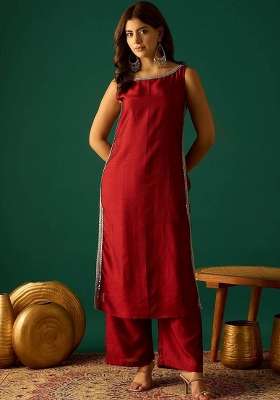 Red Embroidery Silk Kurta Set