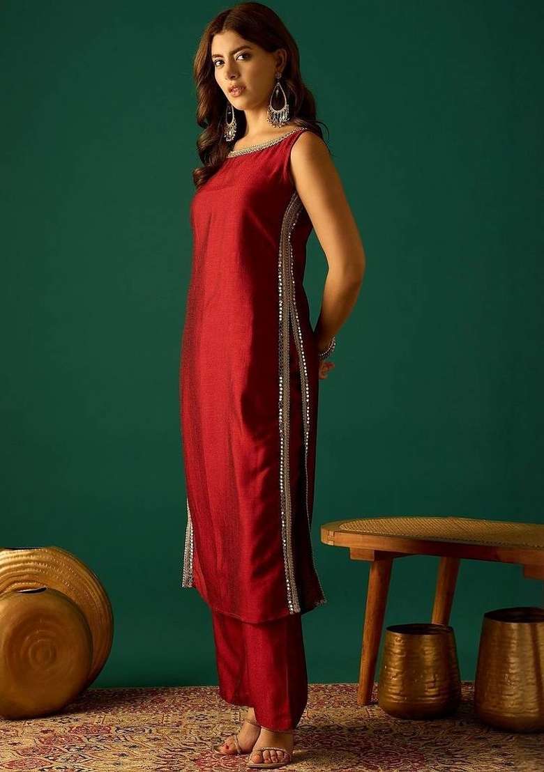 Red Embroidery Silk Kurta Set - Indya