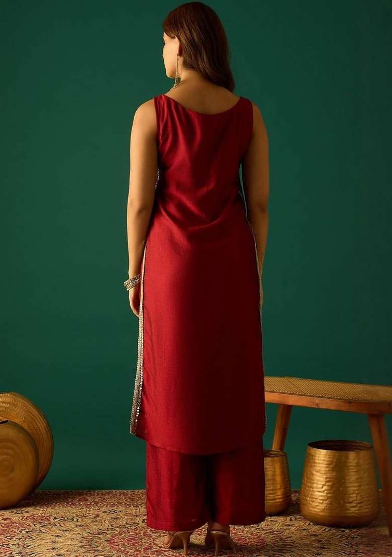 Red Embroidery Silk Kurta Set - Indya