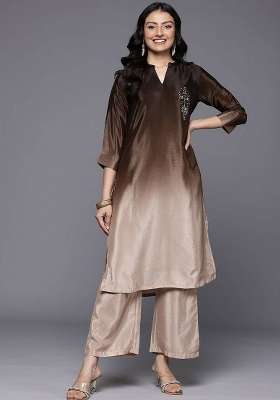 Camel Brown Embroidery Silk Kurta Set