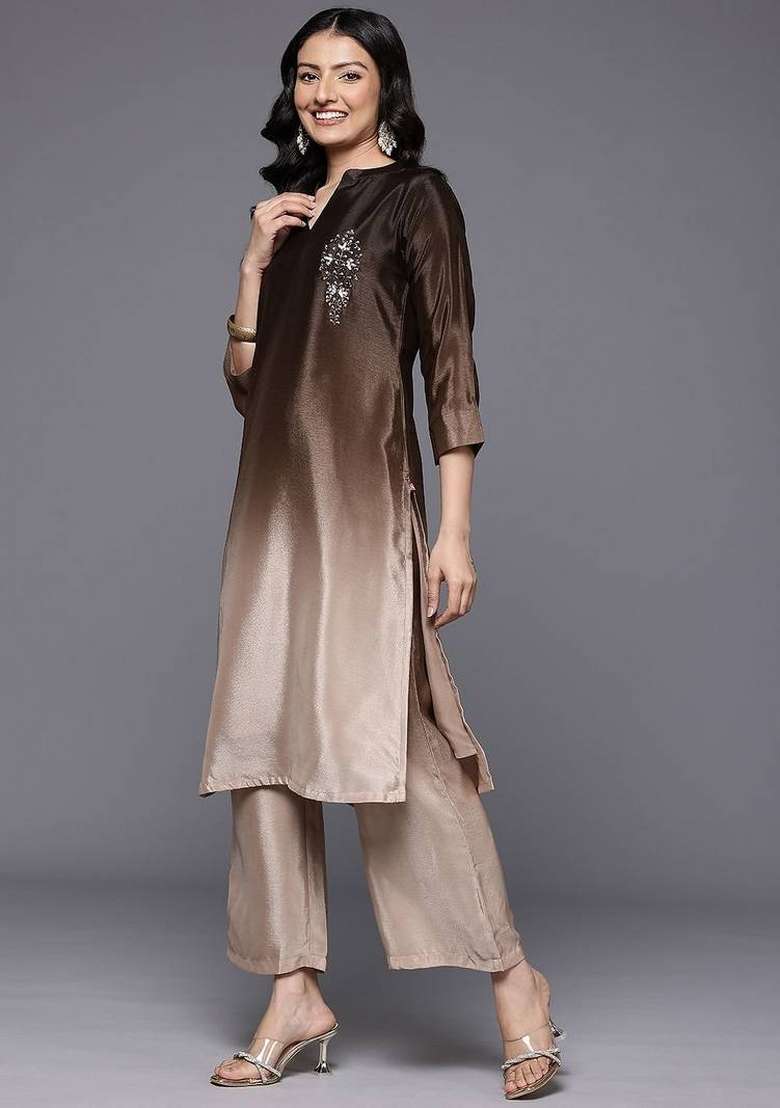 Camel Brown Embroidery Silk Kurta Set - Indya