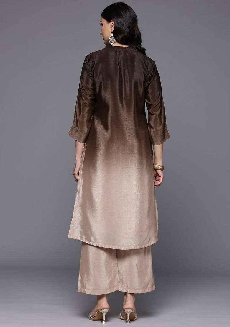 Camel Brown Embroidery Silk Kurta Set - Indya