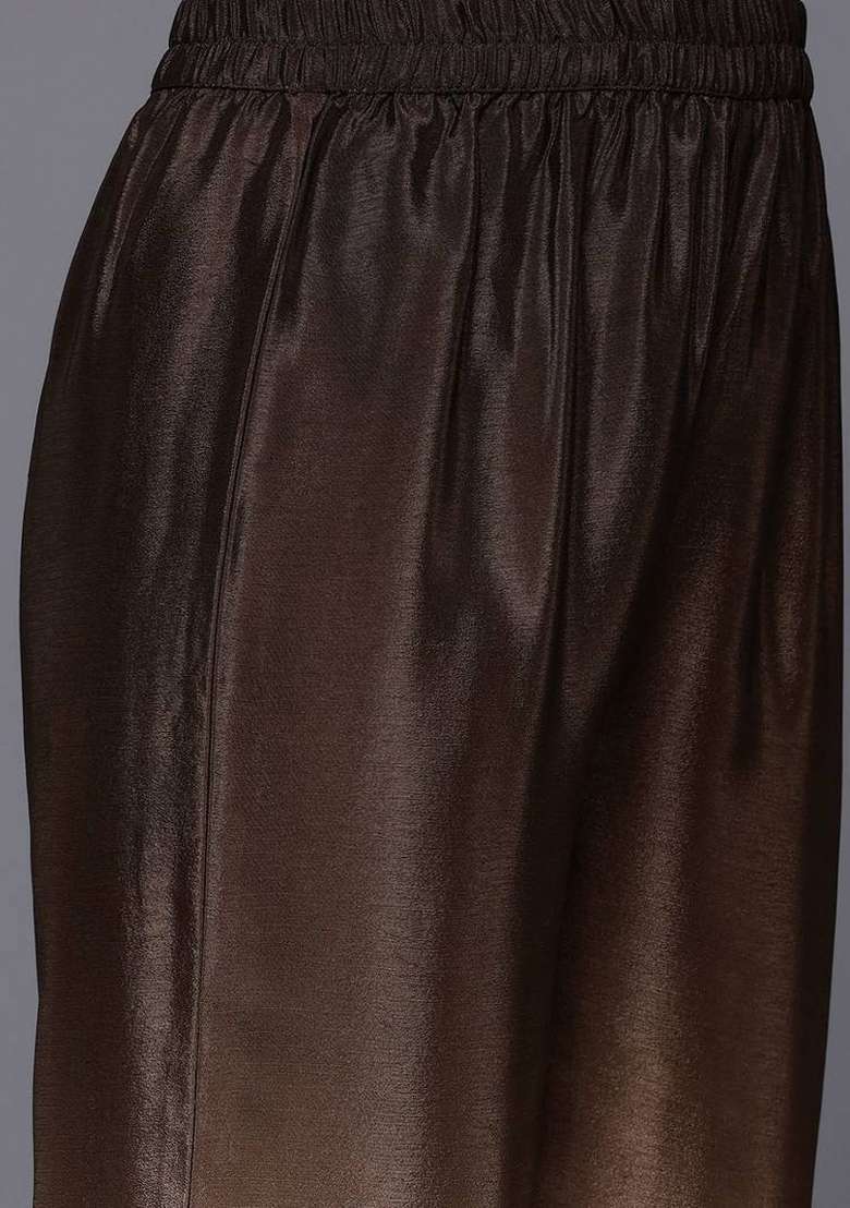 Camel Brown Embroidery Silk Kurta Set - Indya