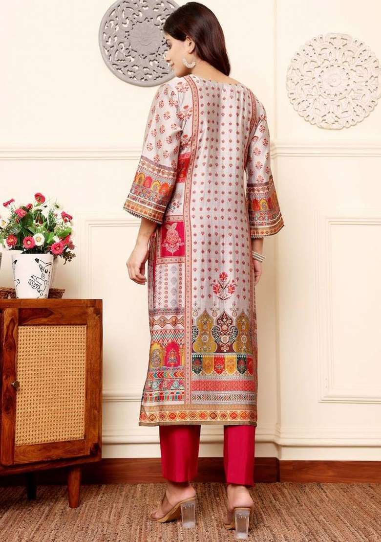 Off White Printed Silk Kurta Set - Indya