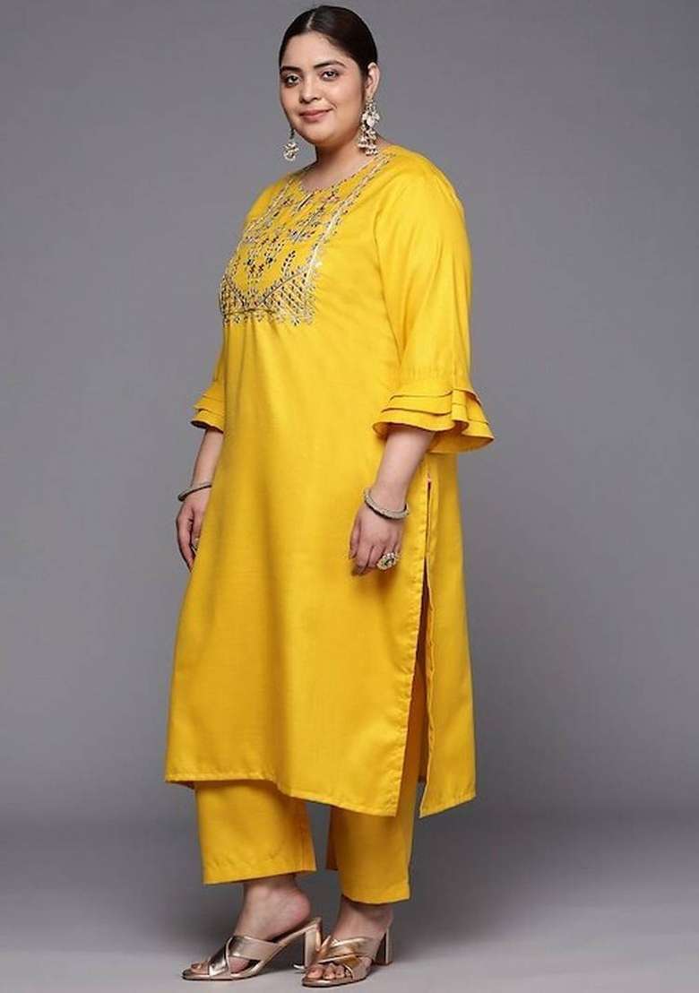 Mustard Solid Cotton Kurta Set - Indya