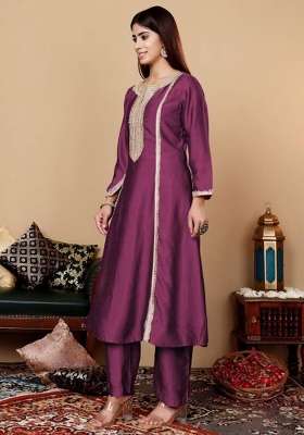 Purple Embroidery Silk Kurta Set